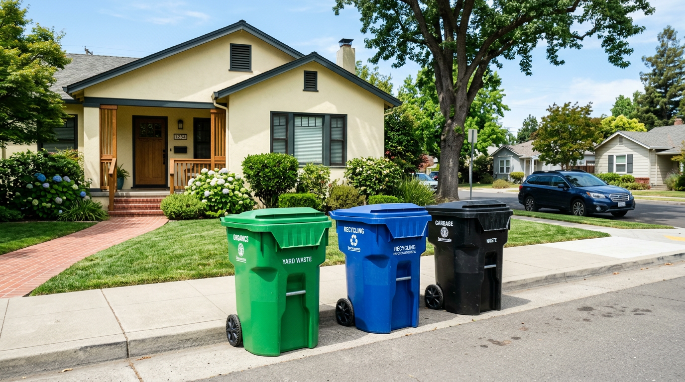Three bins side by side: blue recycling, green organics, black trash